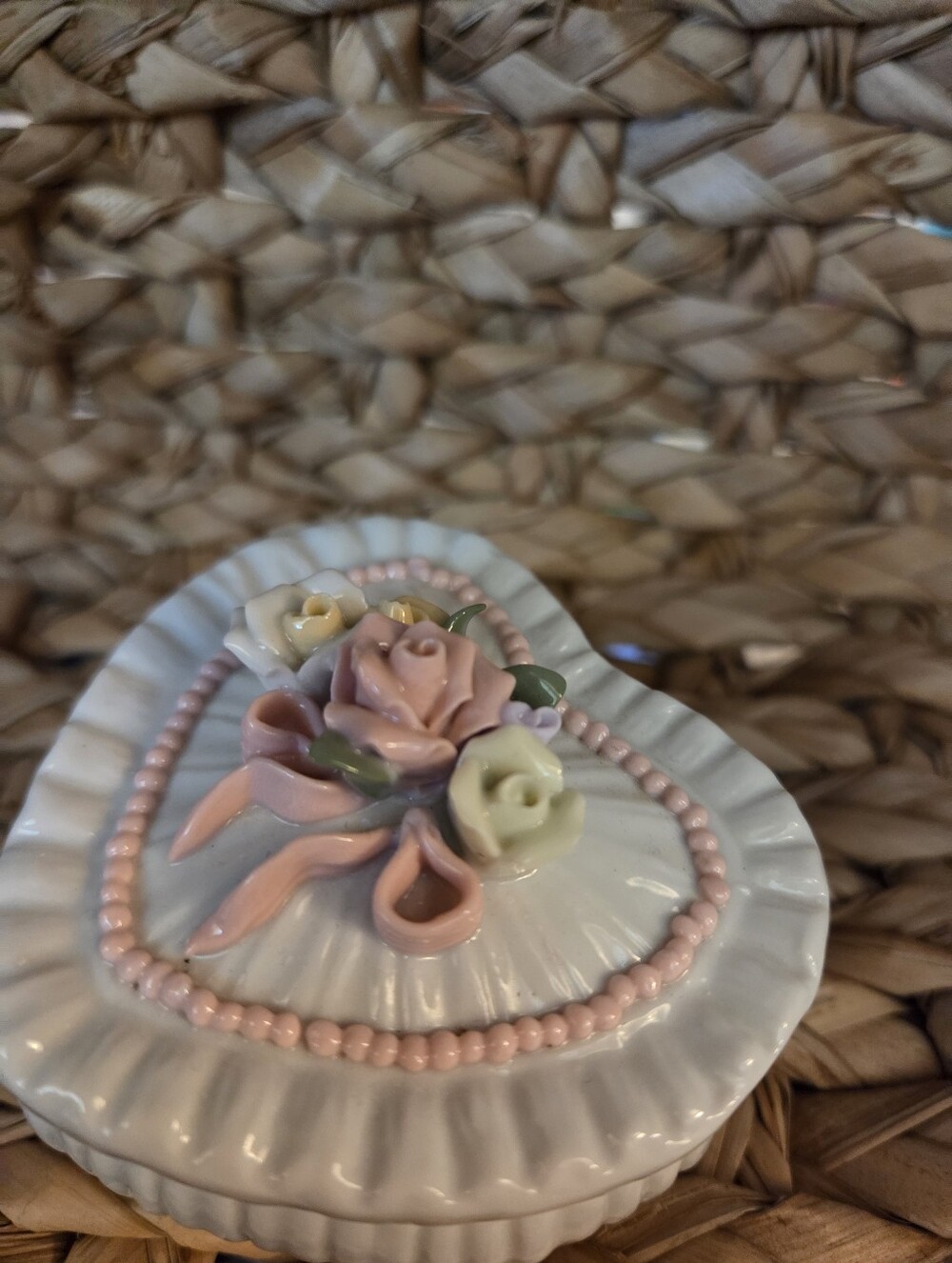 Porcelain Heart Trinket Box with Pink Floral Accent